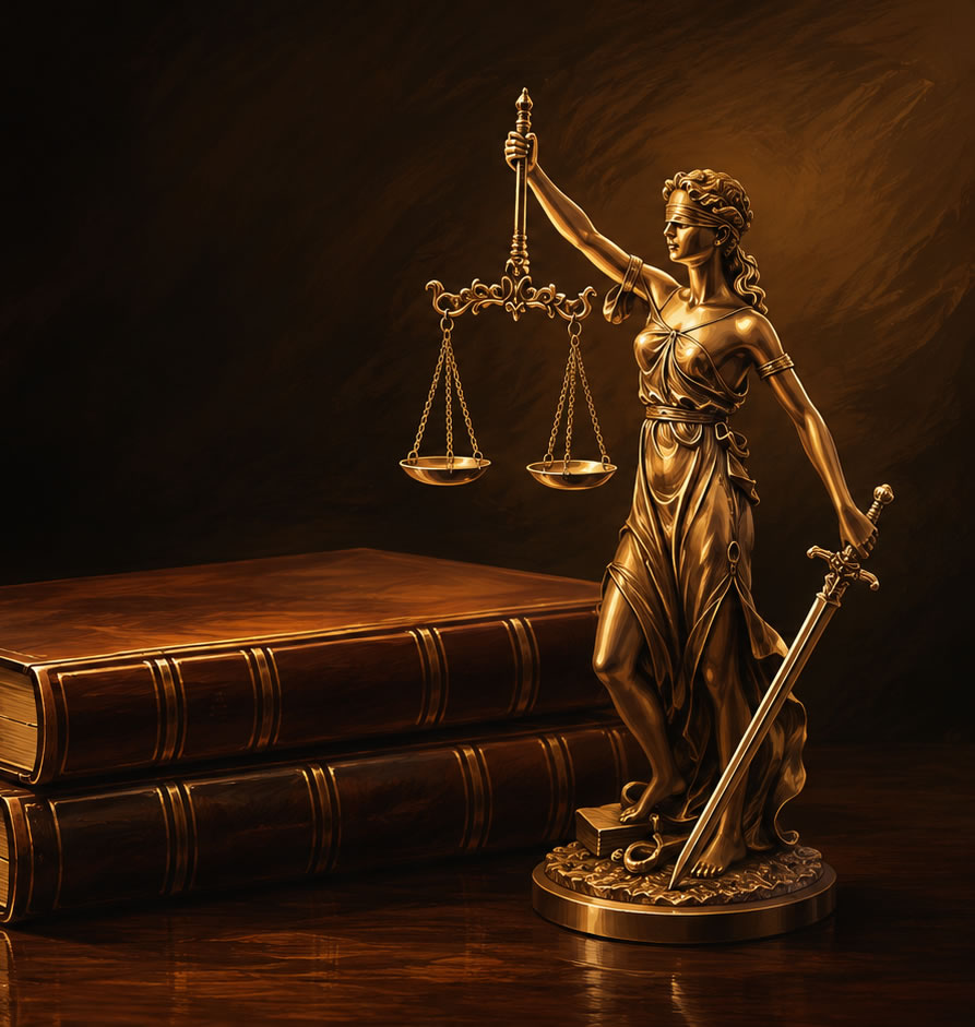 Estátua dourada da Dama da Justiça sobre livros de Direito empilhados em mesa de madeira — atendimento estratégico para empresas em crise financeira